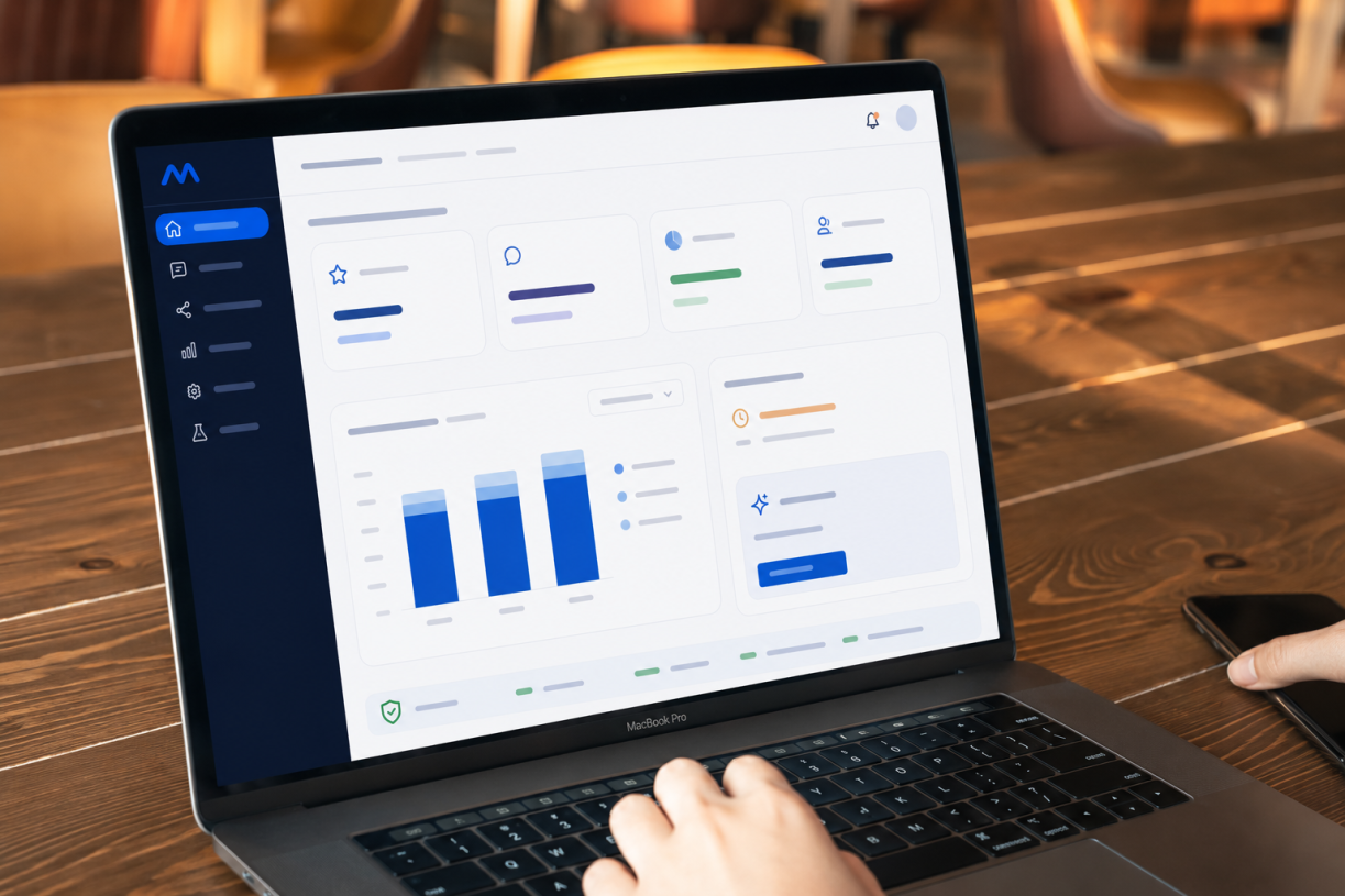 Tableau de bord MIA affichant les analyses d'avis sur un ordinateur portable